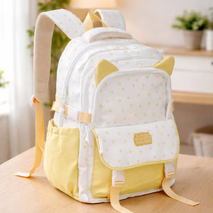 Little Surprise Box White & Pastel Yellow Star Print, Ear Detail School Backpack for Kids - School Bag