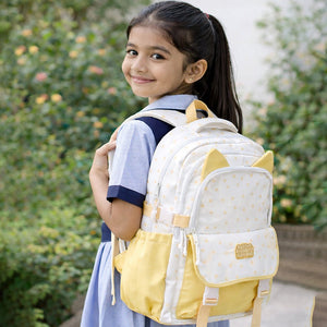 Little Surprise Box White & Pastel Yellow Star Print, Ear Detail School Backpack for Kids - School Bag