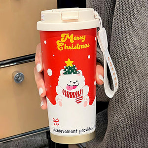 Little Surprise Box White Puppy, Christmas themed, Xmas stainless steel Coffee/Water Tumbler Bottle, 500ml with free cleaning brush - Xmas Bottles