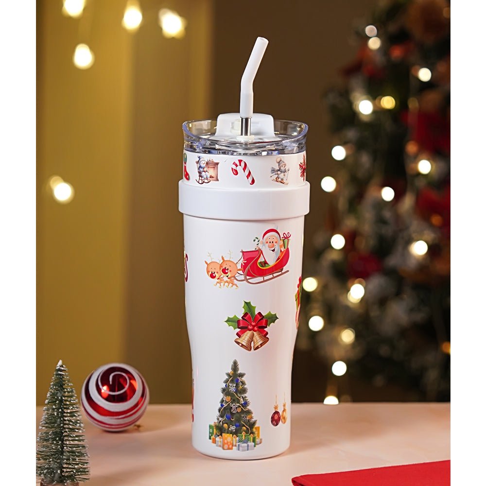 Little Surprise Box White Santa vacum insulated stainless steel Tumbler with lid and stainless steel straw - Christmas Cutlery