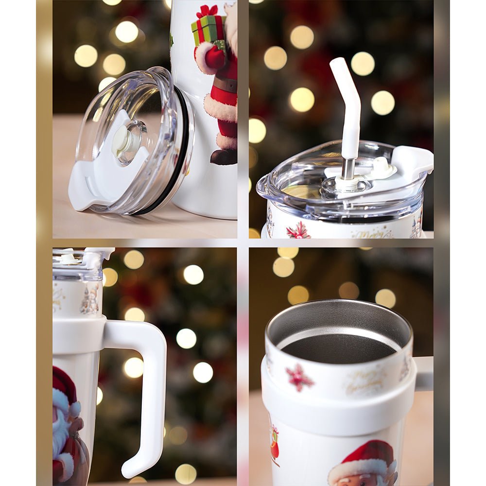 Little Surprise Box White Santa vacum insulated stainless steel Tumbler with lid and stainless steel straw - Christmas Cutlery