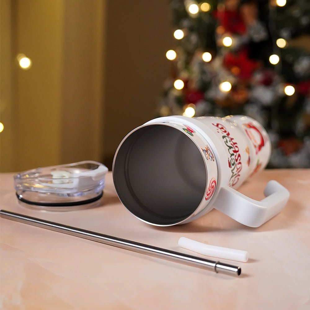 Little Surprise Box White Santa vacum insulated stainless steel Tumbler with lid and stainless steel straw - Christmas Cutlery