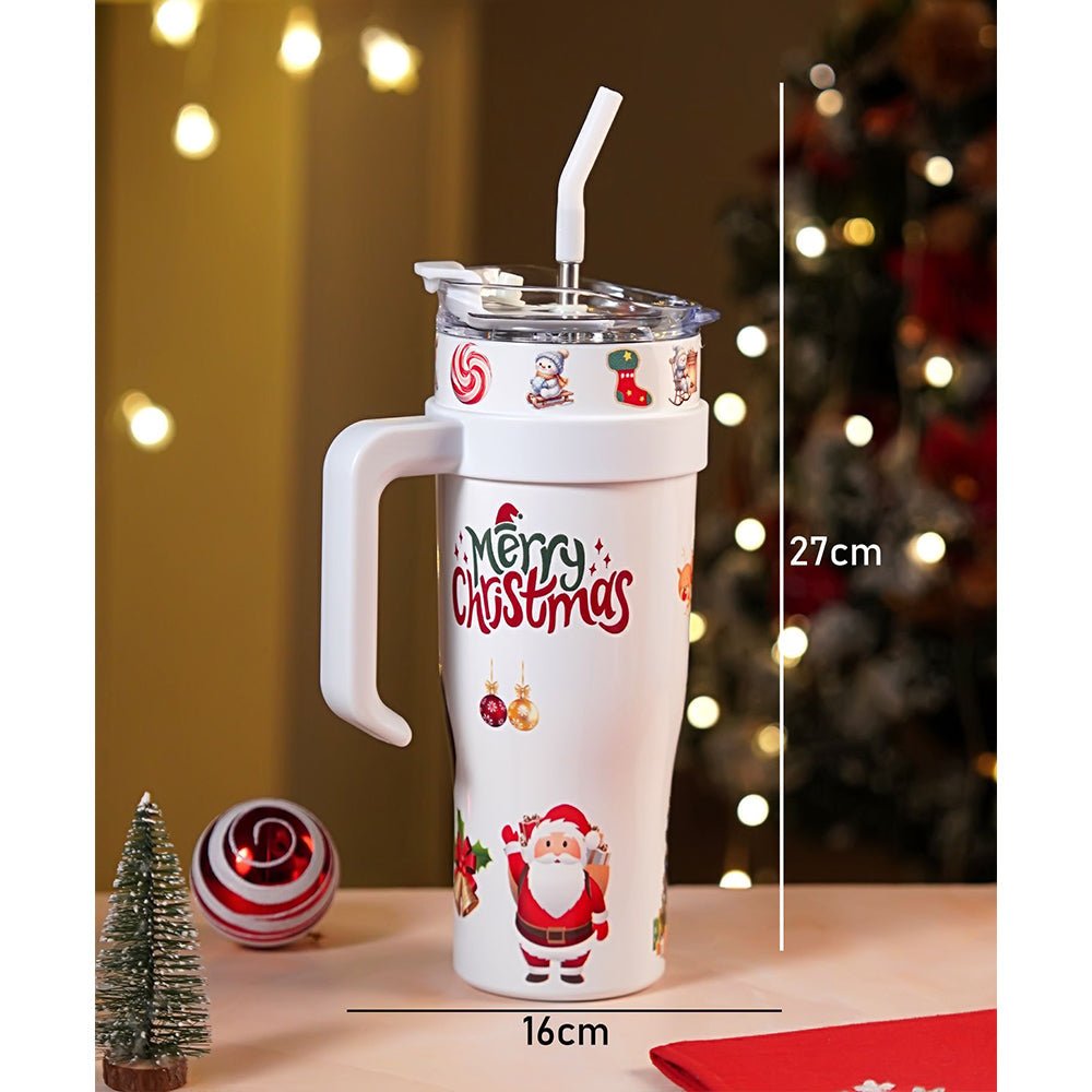 Little Surprise Box White Santa vacum insulated stainless steel Tumbler with lid and stainless steel straw - Christmas Cutlery