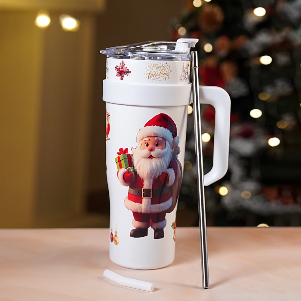 Little Surprise Box White Santa vacum insulated stainless steel Tumbler with lid and stainless steel straw - Christmas Cutlery