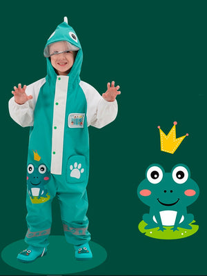 Little Surprise Box, White & Teal Frog Full Jumpsuit Style Raincoat for Toddlers and Kids - LSB - JS - WHTETEALFROG - M