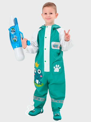 Little Surprise Box, White & Teal Frog Full Jumpsuit Style Raincoat for Toddlers and Kids - LSB - JS - WHTETEALFROG - M