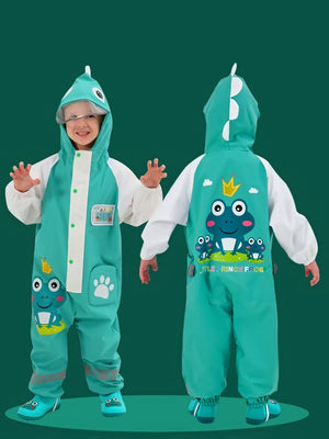 Little Surprise Box, White & Teal Frog Full Jumpsuit Style Raincoat for Toddlers and Kids - LSB - JS - WHTETEALFROG - M