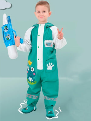 Little Surprise Box, White & Teal Frog Full Jumpsuit Style Raincoat for Toddlers and Kids - LSB - JS - WHTETEALFROG - M