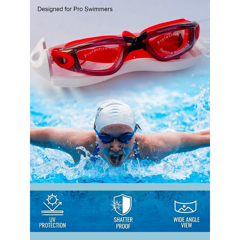 Little Surprise Box X Factor V protected Unisex Swimming Goggles with attached Ear Plugs for Teens - LSB-SG-XREDBLK