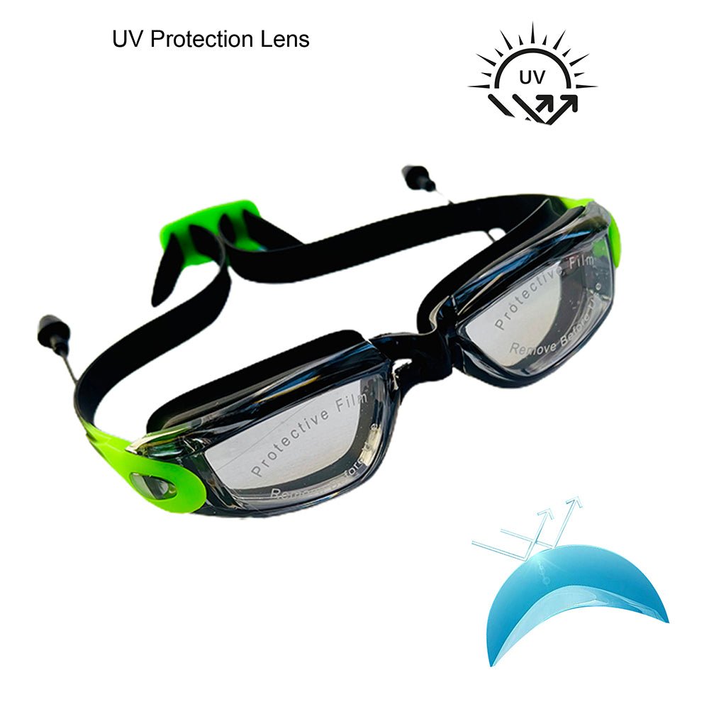 Little Surprise Box X Factor V protected Unisex Swimming Goggles with attached Ear Plugs for Teens - LSB-SG-XBLKGRN