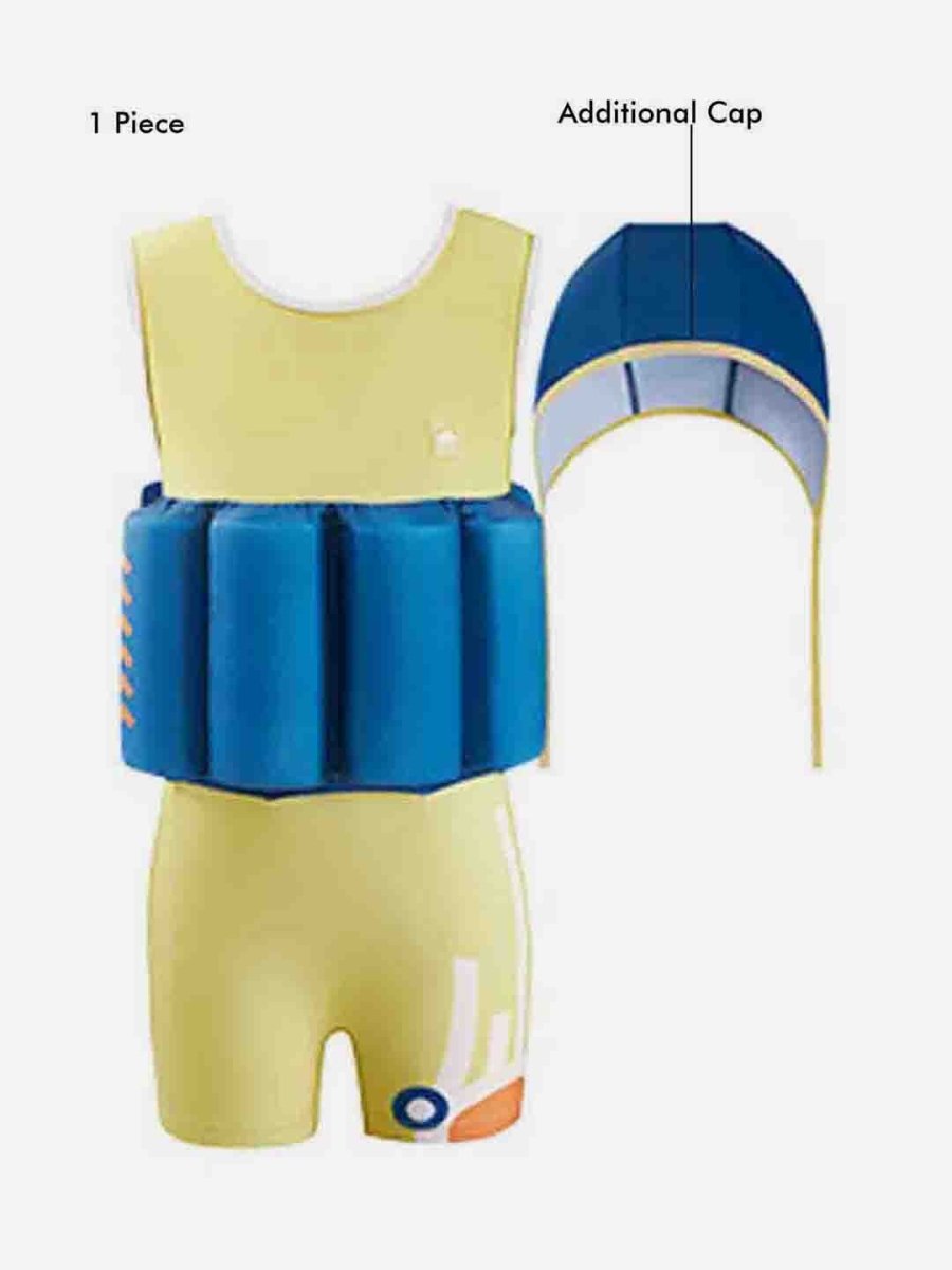 Little Surprise Box Yellow & Blue Kids Swimsuit with attached Swim Floats +tie up cap in UPF 50+ - LSB-SW-YELBLUFLOAT110
