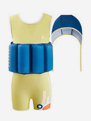 Little Surprise Box Yellow & Blue Kids Swimsuit with attached Swim Floats +tie up cap in UPF 50+ - LSB-SW-YELBLUFLOAT110