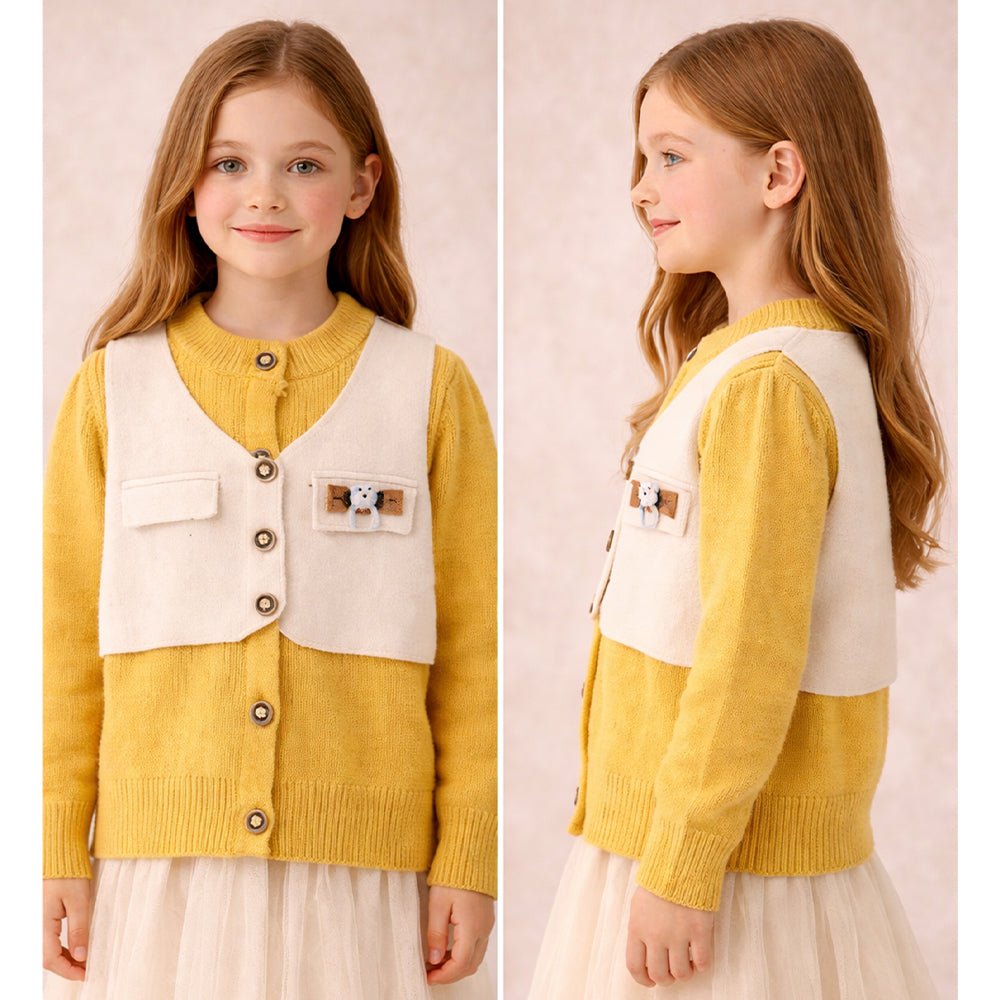 Little Surprise Box Yellow & Cream Attached Jacket Style Cardigan, Winter Cardigan Sweater for Kids - 1 - 2 Years Kids Sweater