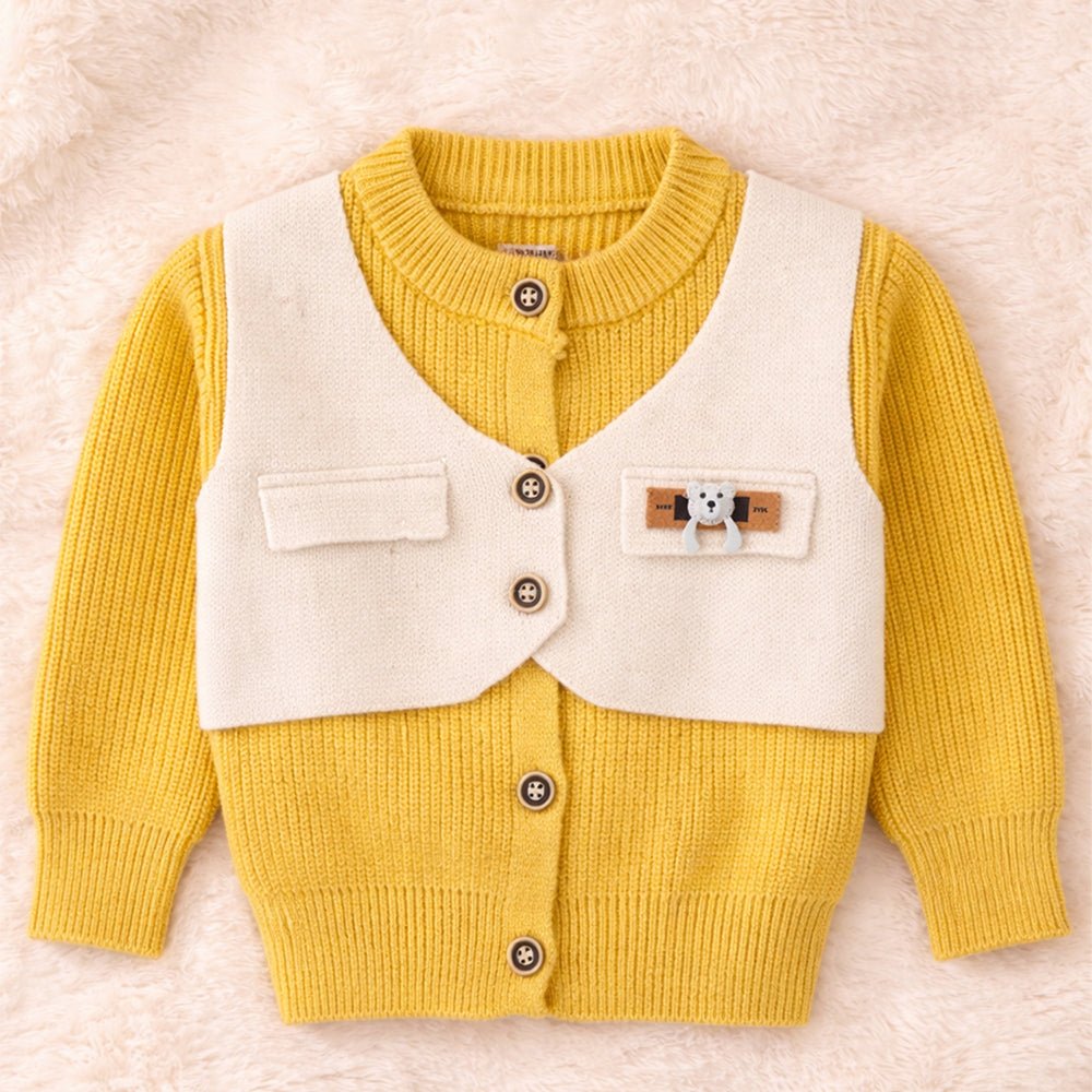 Little Surprise Box Yellow & Cream Attached Jacket Style Cardigan, Winter Cardigan Sweater for Kids - 1 - 2 Years Kids Sweater