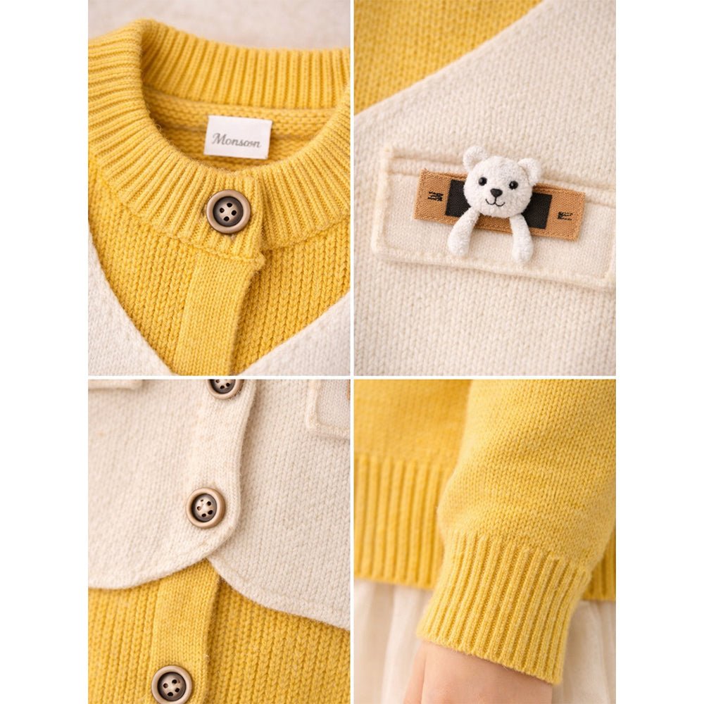 Little Surprise Box Yellow & Cream Attached Jacket Style Cardigan, Winter Cardigan Sweater for Kids - 1 - 2 Years Kids Sweater