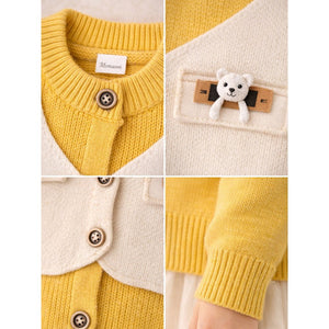 Little Surprise Box Yellow & Cream Attached Jacket Style Cardigan, Winter Cardigan Sweater for Kids - 1 - 2 Years Kids Sweater
