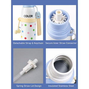 Little Surprise Box Yellow Polka Dots & Stripes Kids Water Bottle (520ml) - Water Bottle- Characters- Detachable straw, inner straw connector, Spring straw lid design, and Insulated Stainless steel insides