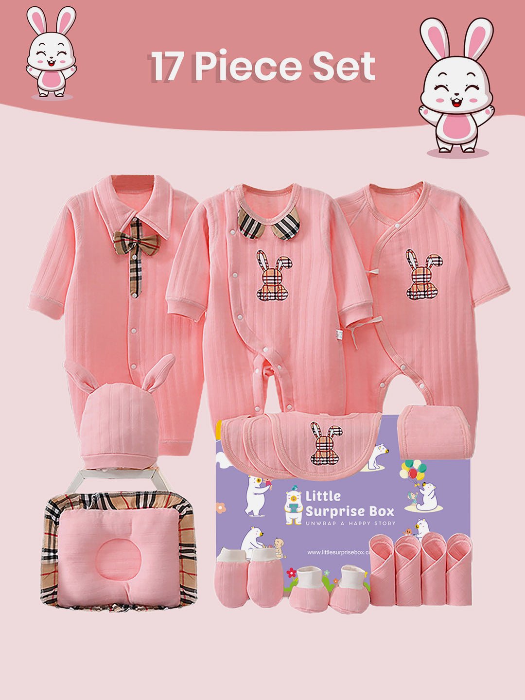 Little Surprise Box,17 pcs Pink Buny Checks Newborn Baby Girl/Baby Boy Gift Hamper Set - LSB - BS17 - PNKBUNNY