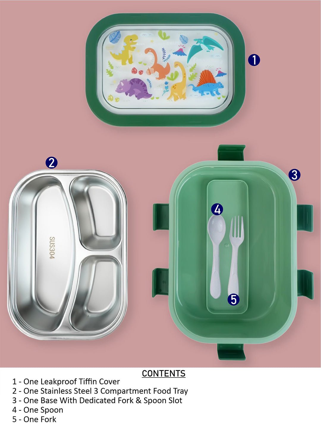 Little Surprise Box,2 pcs Dino Lunch Bag & Stainless Steel 3 section Lunch box for Kids - LSB - LB - 3SECTNDINO - LBAG