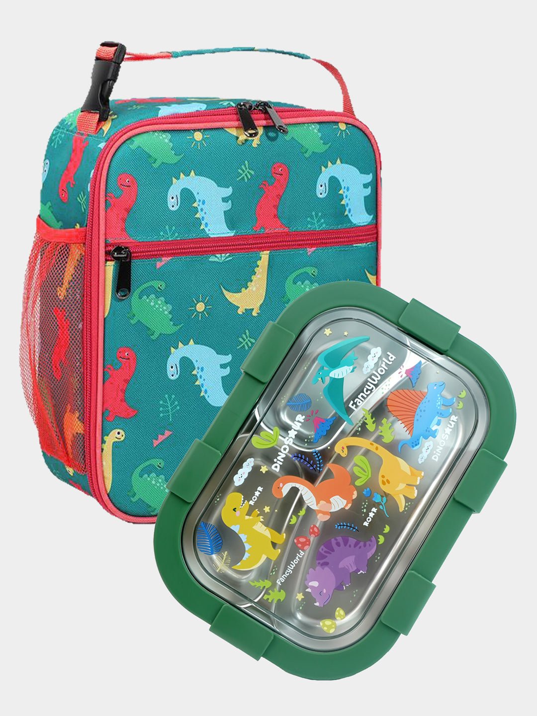 Little Surprise Box,2 pcs Dino Lunch Bag & Stainless Steel 3 section Lunch box for Kids - LSB - LB - 3SECTNDINO - LBAG