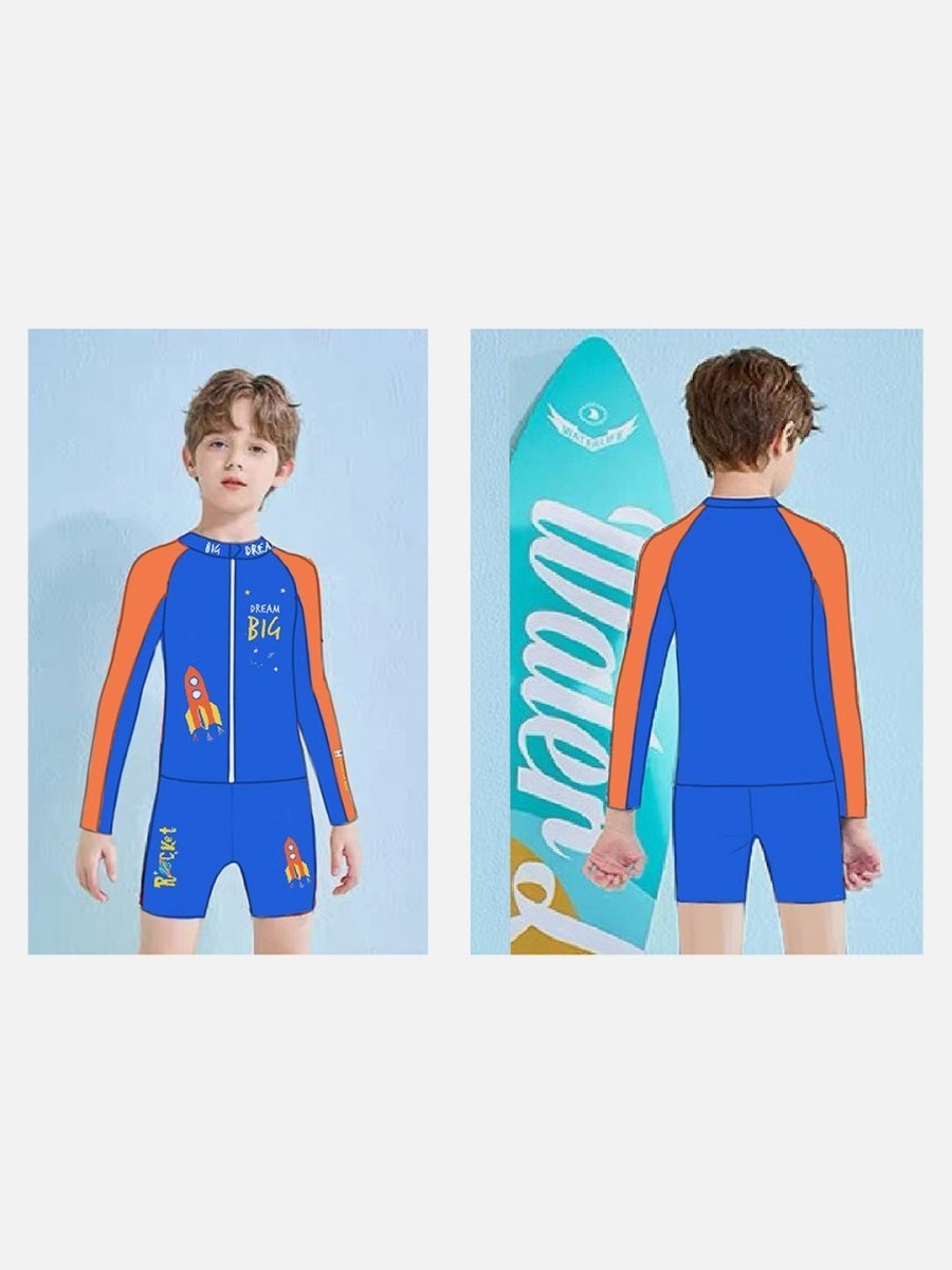 Little Surprise Box,2 pcs Shirt & Shorts set LSB Blue & Orange Space Swimwear Knee length for Kids with UPF 30+ - LSB-SW-2PLSBBLUORSPACE110KNE