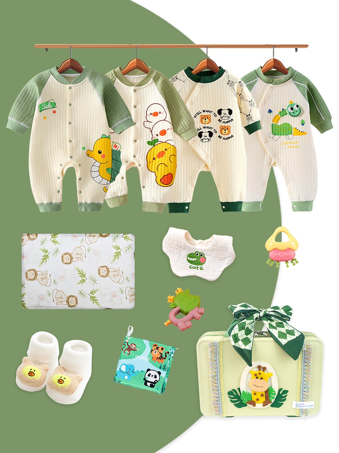Little Surprise Box,20 pcs Green Tall Giraffe Birthday Gift Hamper set for Baby with travelling Suitcase, Winterwear - LSB - FSTBDAY - 20 - GRNGIRAFFE - SC