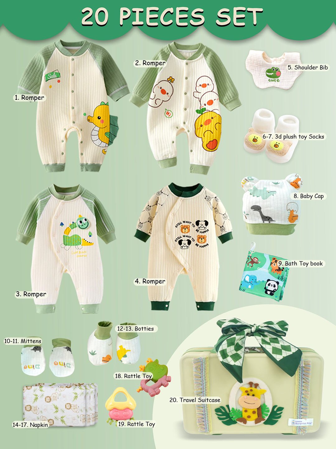 Little Surprise Box,20 pcs Green Tall Giraffe Birthday Gift Hamper set for Baby with travelling Suitcase, Winterwear - LSB - FSTBDAY - 20 - GRNGIRAFFE - SC