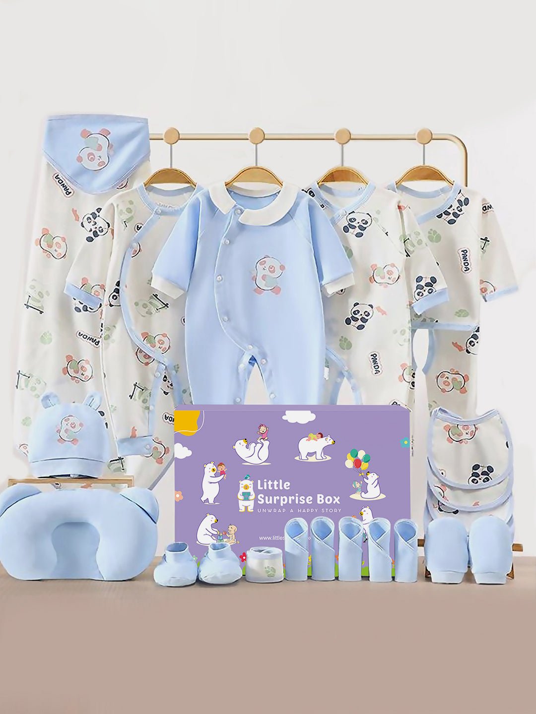Little Surprise Box,22 pcs Panda Newborn Baby Girl/Baby Boy Gift Hamper Set - LSB - BS22 - BLUWHTEPANDA