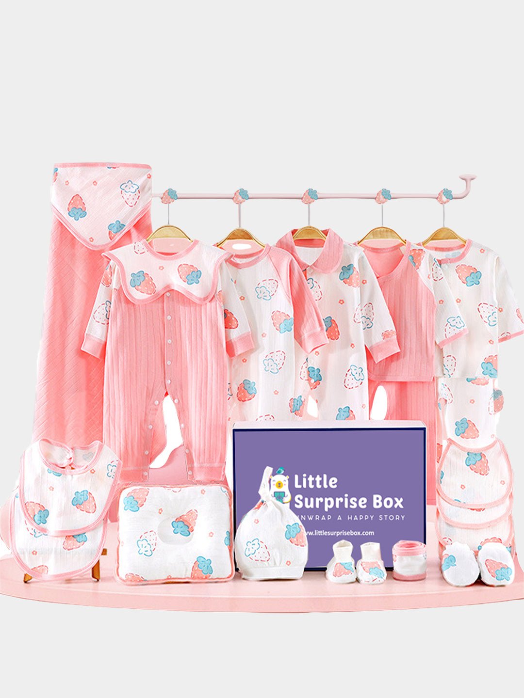 Little Surprise Box,22 pcs Pink Dotted Strawberry Newborn Baby Girl/ Boy Gift Box Hamper (0 - 18 months) - LSB - BS22 - DOTSTRAWBRY