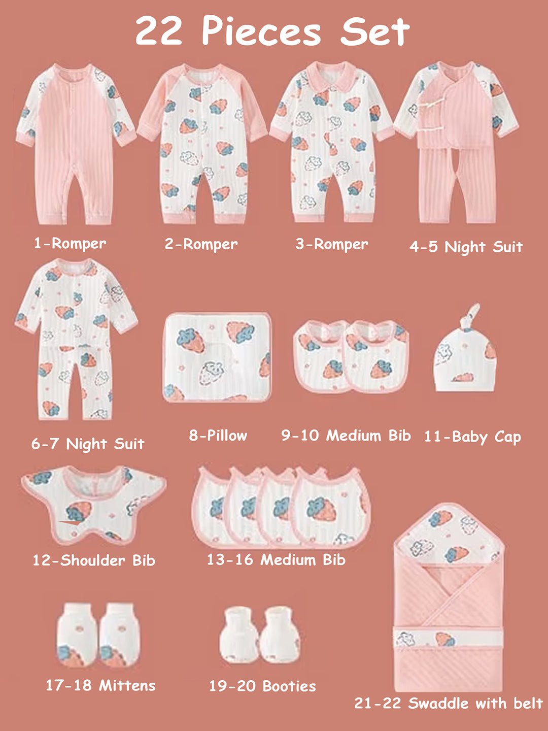 Little Surprise Box,22 pcs Pink Dotted Strawberry Newborn Baby Girl/ Boy Gift Box Hamper (0 - 18 months) - LSB - BS22 - DOTSTRAWBRY