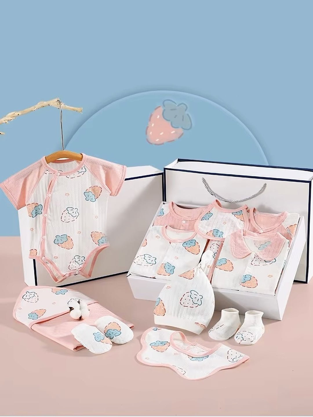 Little Surprise Box,22 pcs Pink Dotted Strawberry Newborn Baby Girl/ Boy Gift Box Hamper (0 - 18 months) - LSB - BS22 - DOTSTRAWBRY