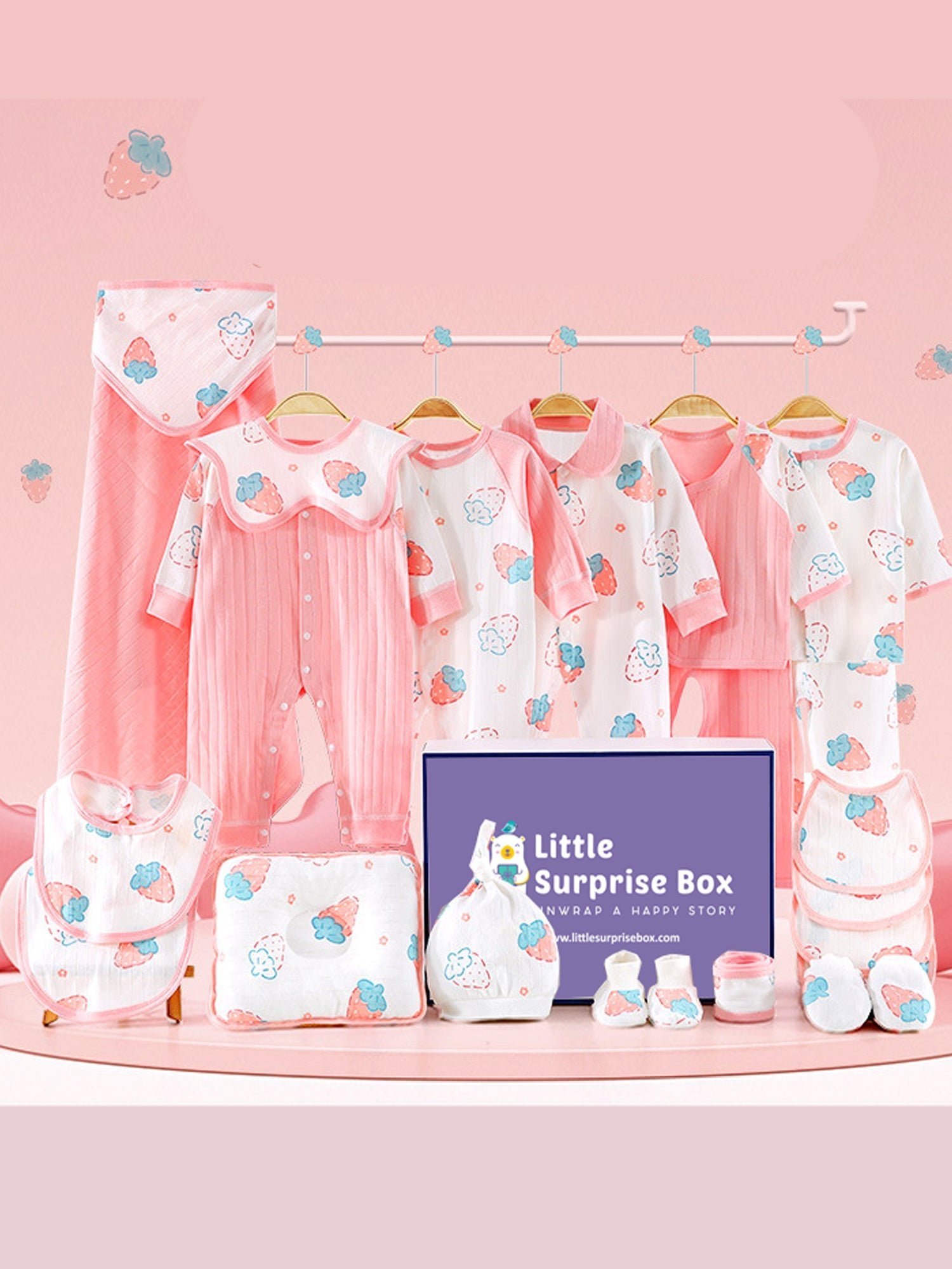 Little Surprise Box,22 pcs Pink Dotted Strawberry Newborn Baby Girl/ Boy Gift Box Hamper (0 - 18 months) - LSB - BS22 - DOTSTRAWBRY