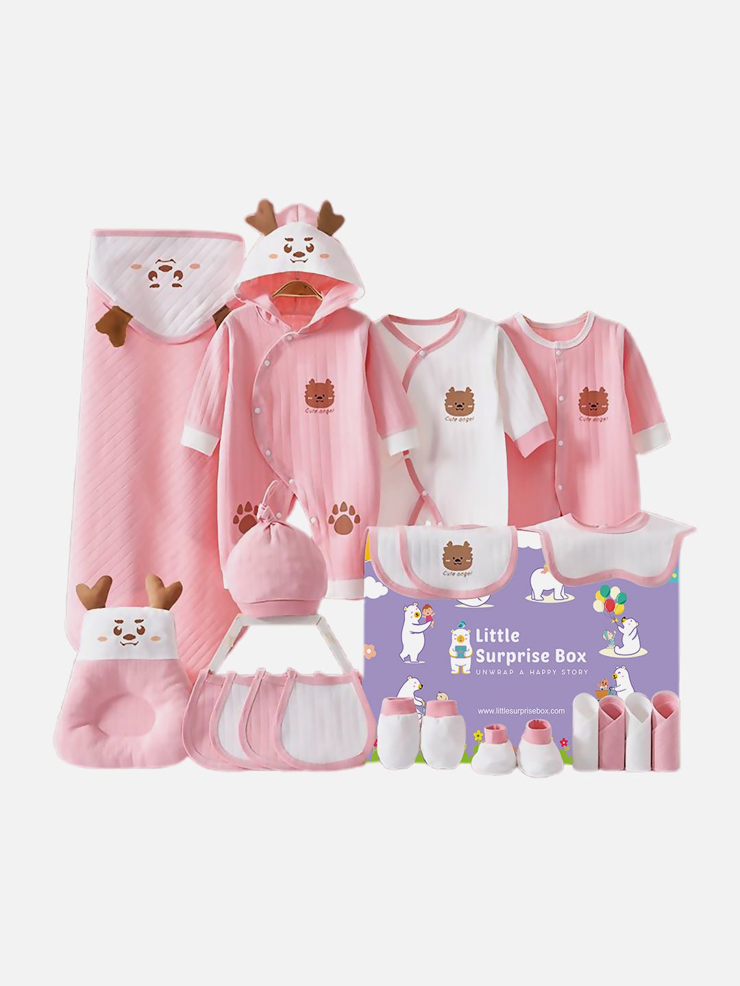 Little Surprise Box,22pcs Reindeer Newborn Baby Girl/Baby Boy Gift Hamper Set - LSB - BS22 - PNKRENDEER