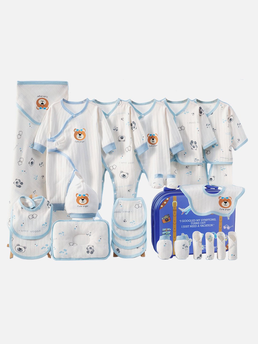Little Surprise Box,26 pcs Bear Face Newborn Baby Girl/Baby Boy Gift Hamper with Suitcase,0 - 12 months - LSB - BS26 - WHTBLUBEAR - SC