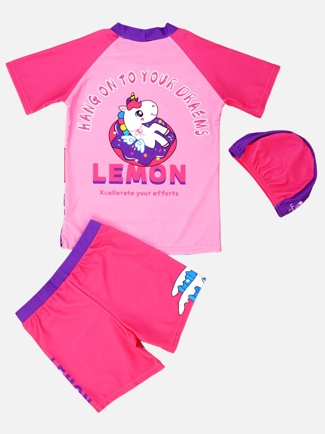 Little Surprise Box,2pcs Dark Pink Unicorn Moon Kids UPF 50+ Swimwear with matching Swim Cap - LSB - SW - 2PCDRKMOONUNI - LK - 110