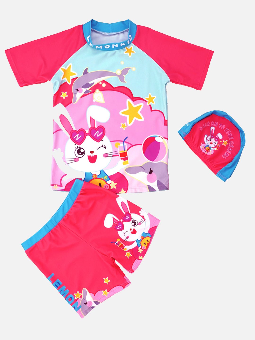 Little Surprise Box,2pcs Pink Starry Rabbit, Kids UPF 50+ Swimwear with matching Swim Cap & Free Washbag - LSB - SW - 2PCSTARRABIT - LK - 120