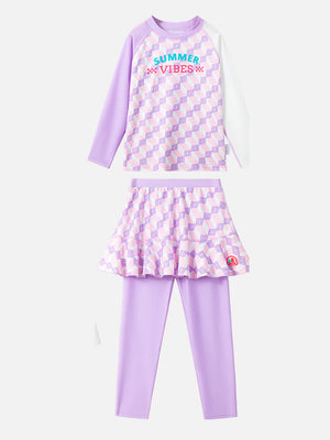Little Surprise Box,2pcs Purple Checkered Swimsuit for Girls with UPF 50+ - LSB - SW - 2PCPURCHCKS - LK - 110