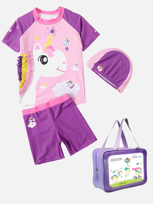 Little Surprise Box,2pcs Purple Frill Uni Kids UPF 50+ Swimwear with matching Swim Cap&Free Washbag - Kids Swimwear