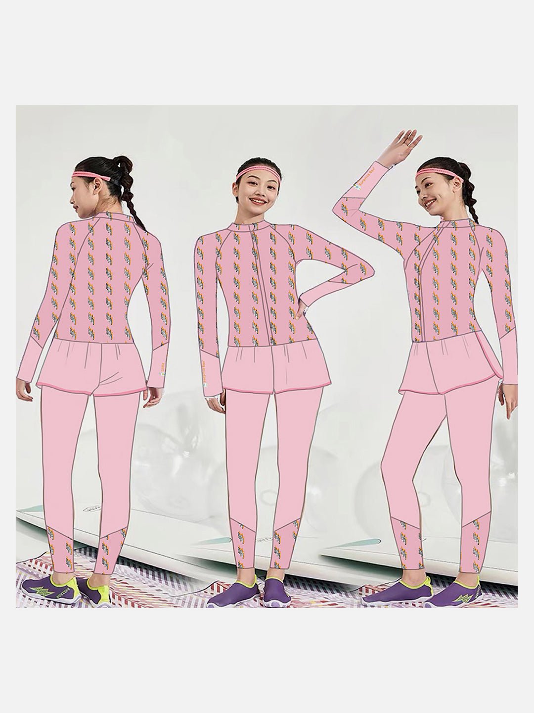 Little Surprise Box,3 pcs Pink Thunder Bolt Matching Top, Leggings & Jacket style Swimwear set for Pre - teens & Teens - LSB - SW - 3PCPNKTHUNDER140