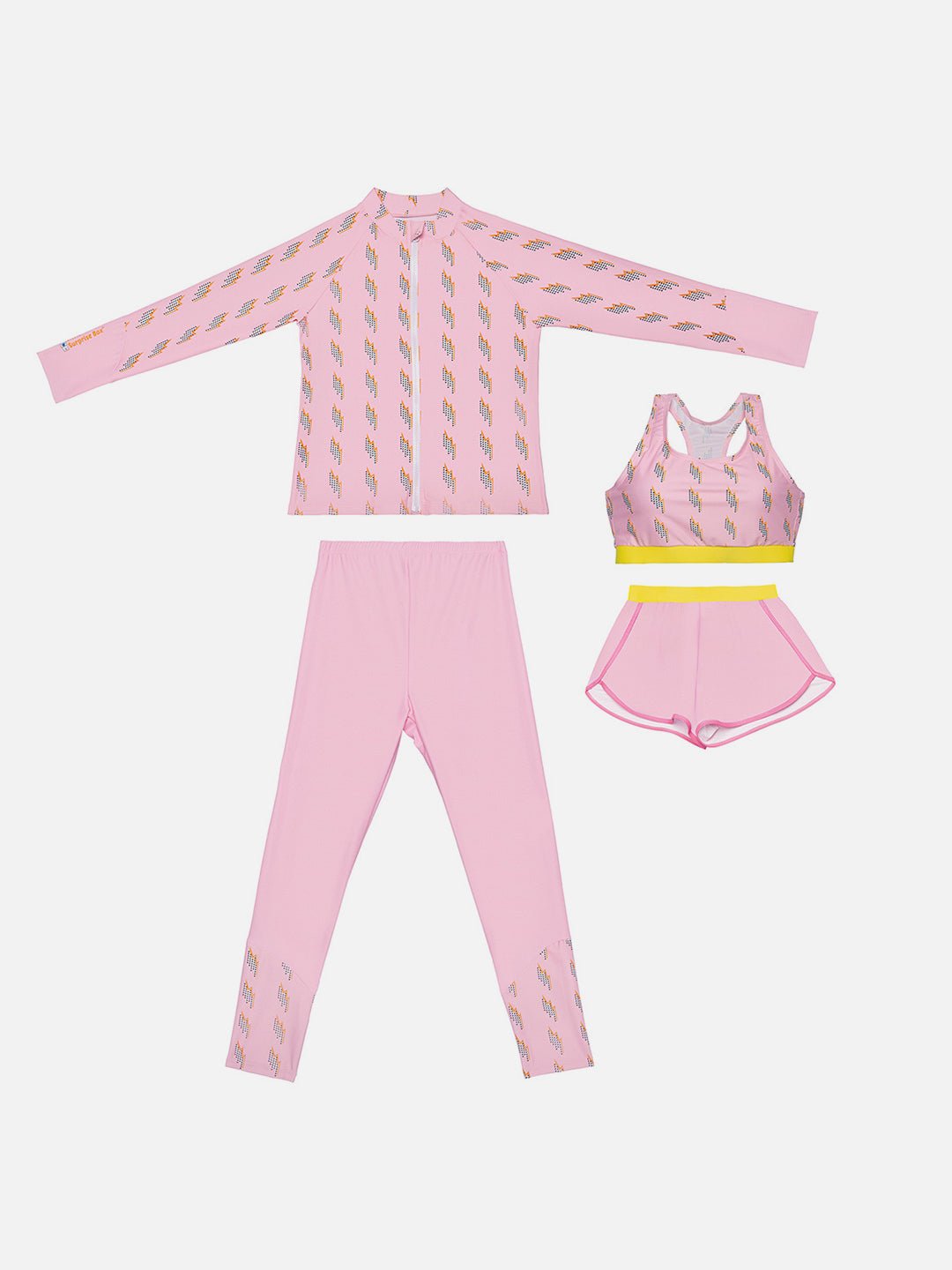 Little Surprise Box,3 pcs Pink Thunder Bolt Matching Top, Leggings & Jacket style Swimwear set for Pre - teens & Teens - LSB - SW - 3PCPNKTHUNDER140