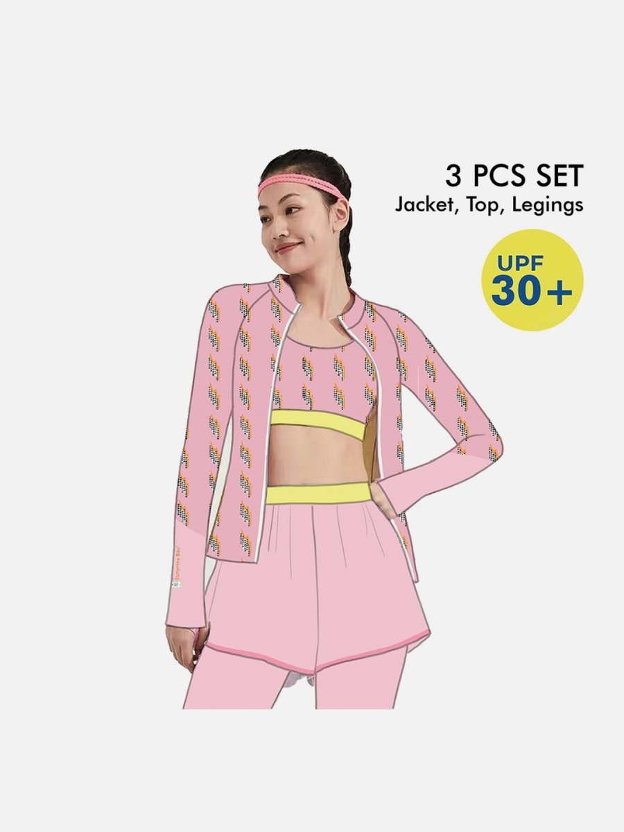 Little Surprise Box,3 pcs Pink Thunder Bolt Matching Top, Leggings & Jacket style Swimwear set for Pre-teens & Teens(140) - LSB-SW-3PCPNKTHUNDER140