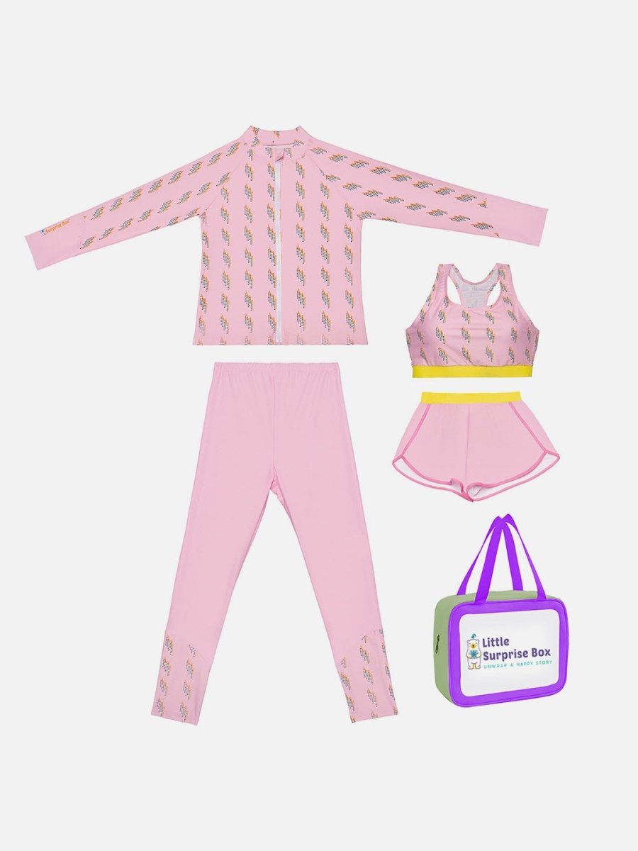 Little Surprise Box,3 pcs Pink Thunder Bolt Matching Top, Leggings & Jacket style Swimwear set for Pre-teens & Teens(140) - LSB-SW-3PCPNKTHUNDER140