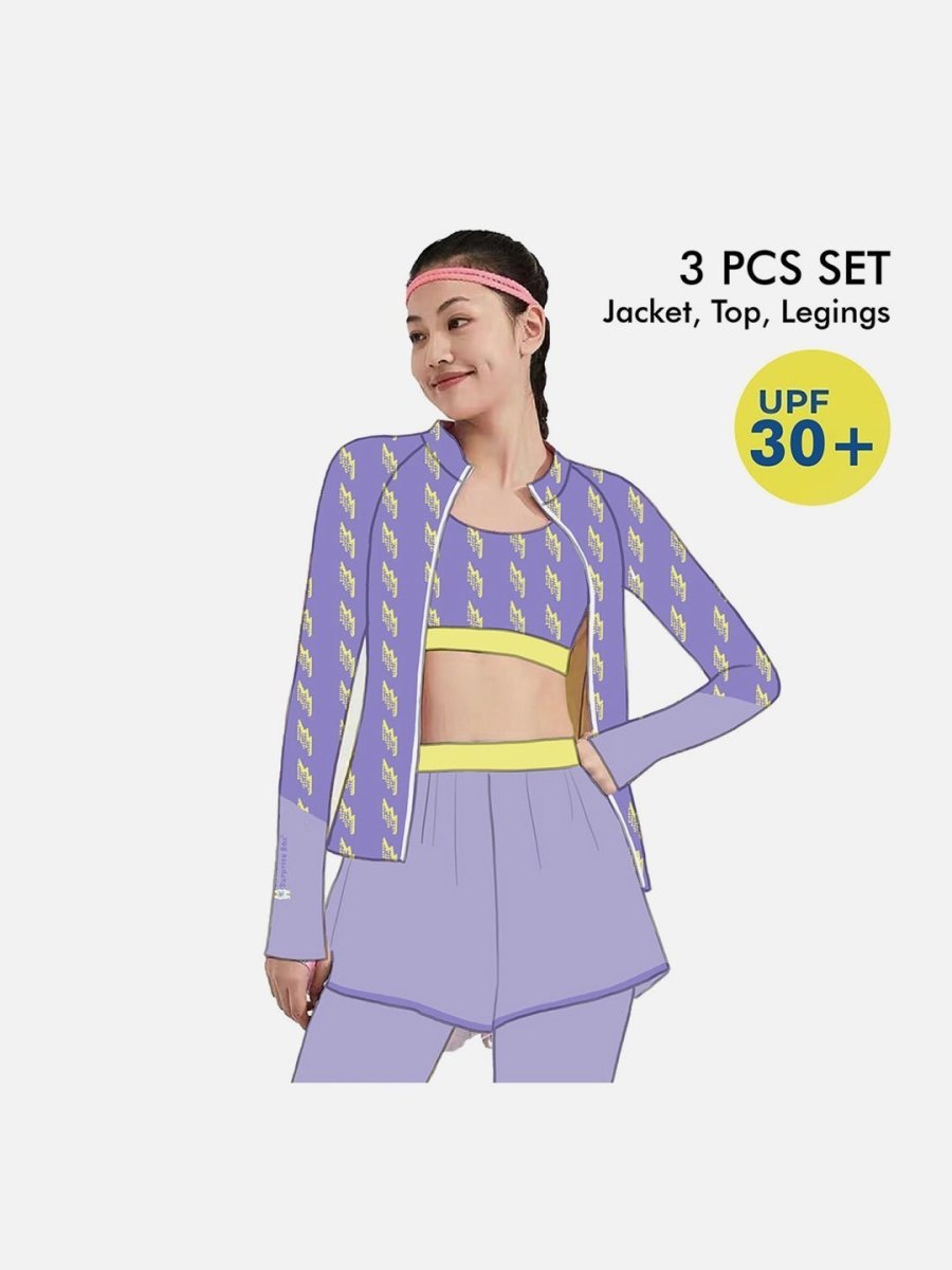 Little Surprise Box,3 pcs Purple Thunder Bolt Matching Top, leggings & Jacket style Swimwear set for Pre Teens & Teens(140) - LSB-SW-3PCPURTHUNDER140