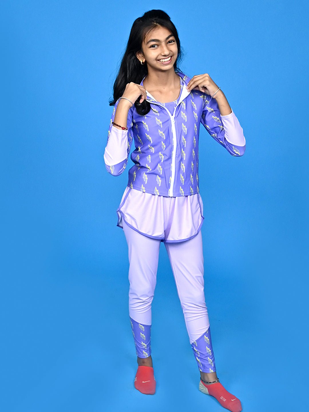 Little Surprise Box,3 pcs Purple Thunder Bolt Matching Top, leggings & Jacket style Swimwear set for Pre Teens & Teens - LSB - SW - 3PCPURTHUNDER140