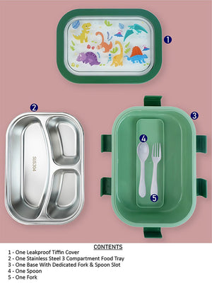 Little Surprise Box,3 Sections Stainless Steel Lunch Box For Kids - LSB - LB - 3 - SECTN - DINO
