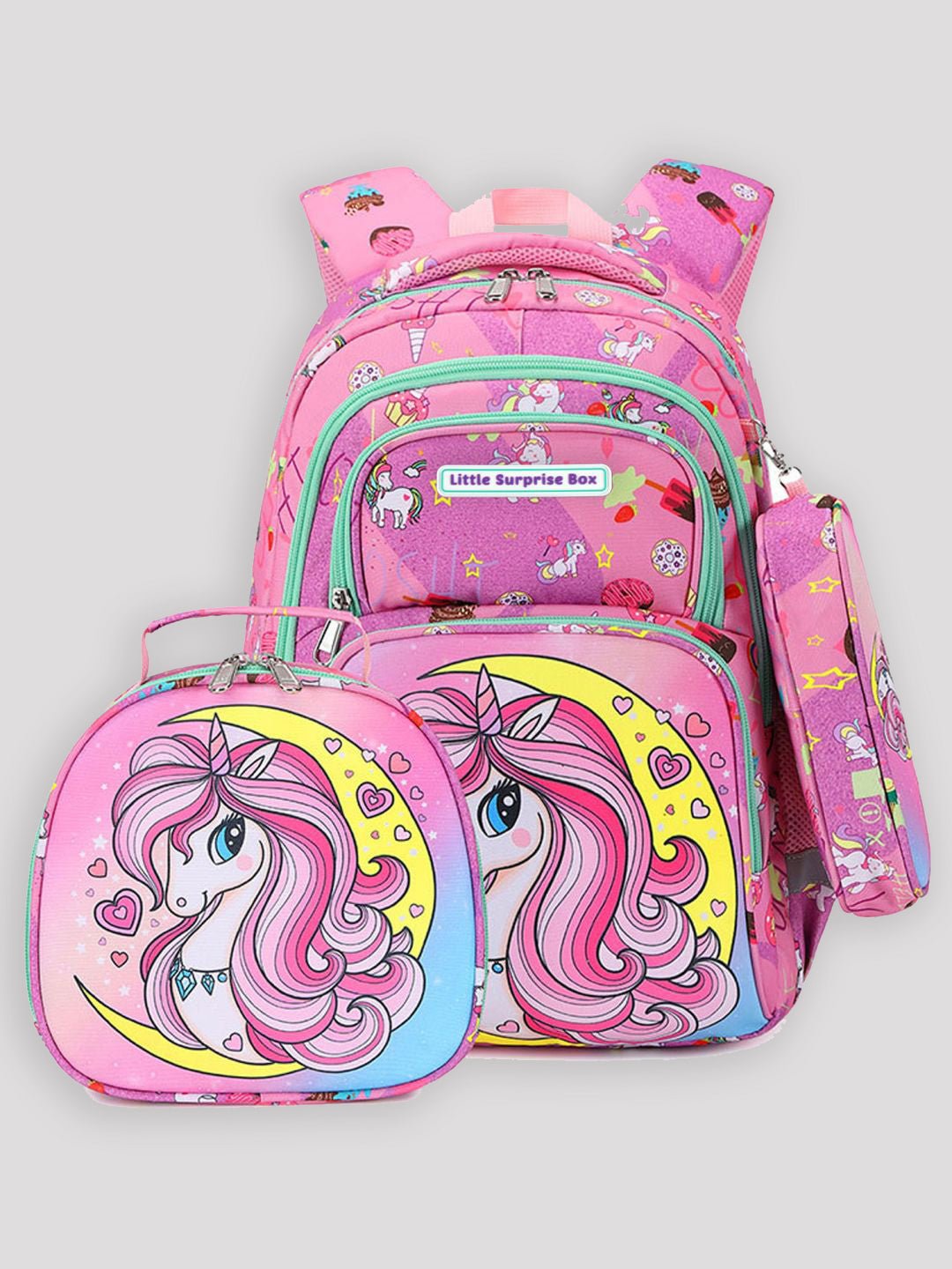 Little Surprise Box,3pcs Matching Backpack,Lunch Bag and Stationery Pouch,5yrs - 9yrs - LSB - BG - MOONLITUNI - 3PCS