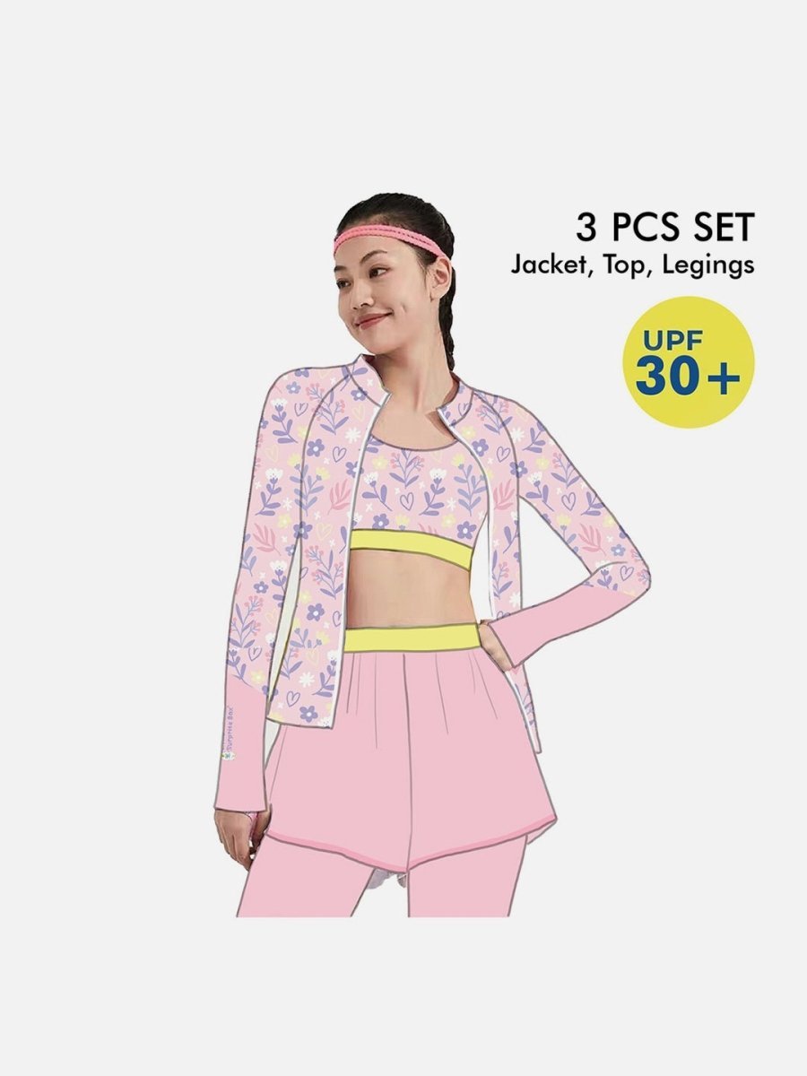 Little Surprise Box,3pcs Pink Flower Power Matching Top, leggings & Jacket style Swimwear set for Pre Teens & Teens(140) - LSB-SW-3PCPNKFLWRPWR140