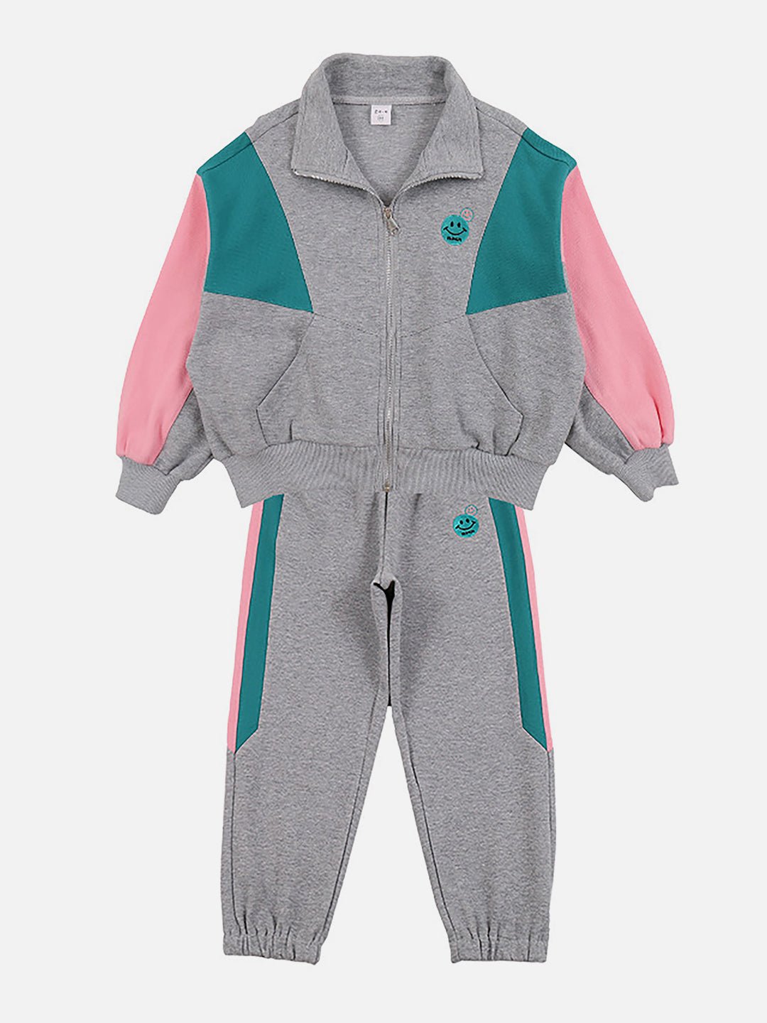 Little Surprise Box,Casual Grey With Mint & Pink Stripes 2Pcs Track Suit Set For Kids & Tweens - LSB - 2PCS - GRYMNTPNK - TRCKS - 5 - 6Y