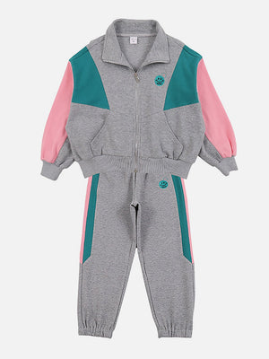 Little Surprise Box,Casual Grey With Mint & Pink Stripes 2Pcs Track Suit Set For Kids & Tweens - LSB - 2PCS - GRYMNTPNK - TRCKS - 5 - 6Y