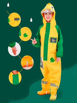 Little Surprise Box,Dinosaur Friends themed Yellow Full Jumpsuit Style Raincoat for Toddlers and Kids - 2-3 Year